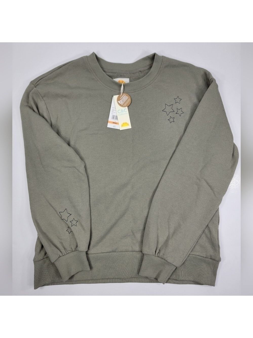 NWT C & C California Women's Small Sweatshirt Sage Green Star Print Terry NEW